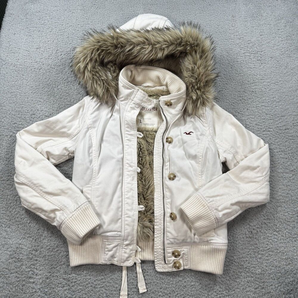 Y2k Hollister Cream Fur Trimmed Hood Lined Winter Coat Bella Swan Jacket Large